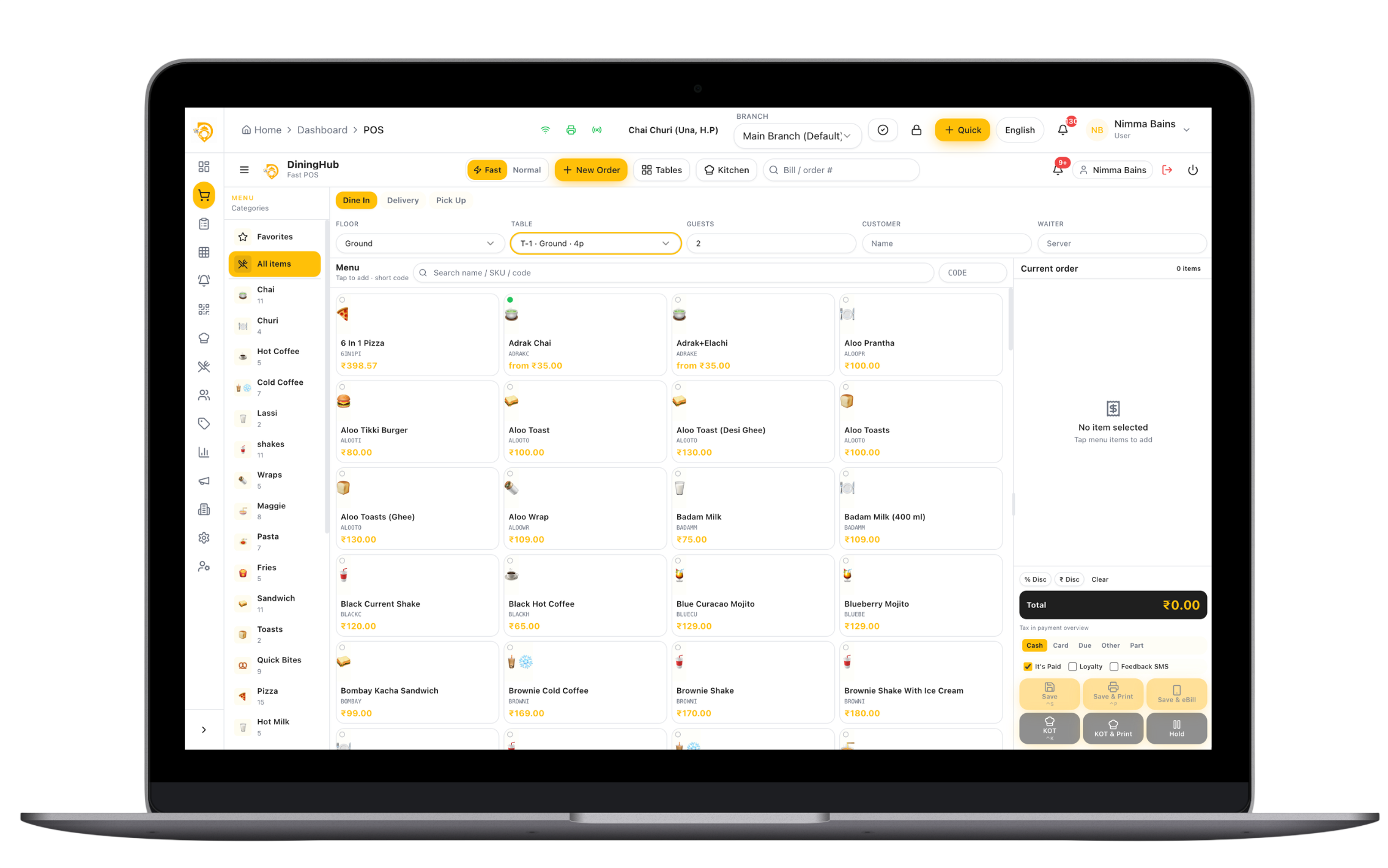 DiningHub restaurant billing software dashboard — POS billing, kitchen display and menu management on one screen